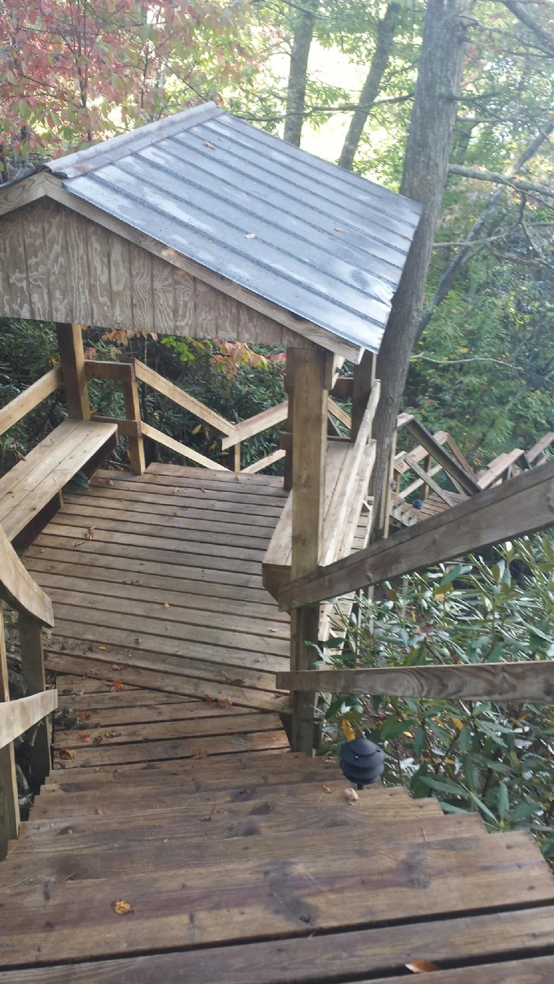 Metal roofed shelter over wooden steps on a wooded walkway — Skylight Repair & Installation work by our crew in Wilburton